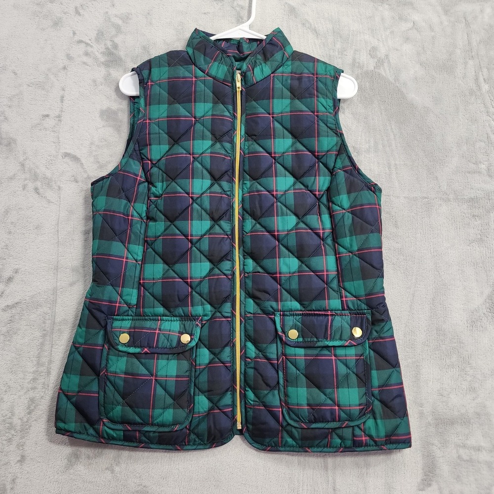 St. John's Bay Vest Womens MT TALL Green Plaid Quilted Puffer Full Zip Pockets